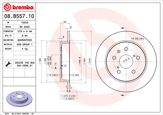 Brembo 08.B557.10 - Əyləc Diski furqanavto.az