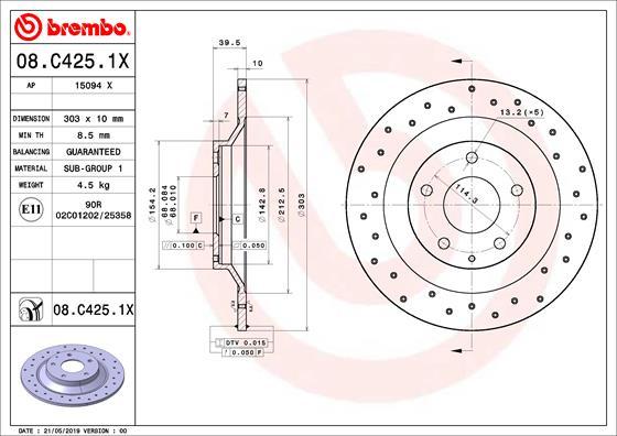 Brembo 08.C425.1X - Əyləc Diski furqanavto.az