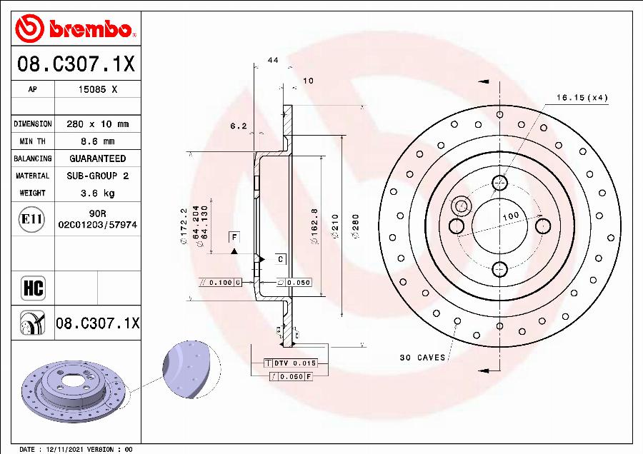 Brembo 08.C307.1X - Əyləc Diski furqanavto.az