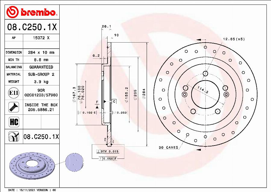 Brembo 08.C250.1X - Əyləc Diski furqanavto.az