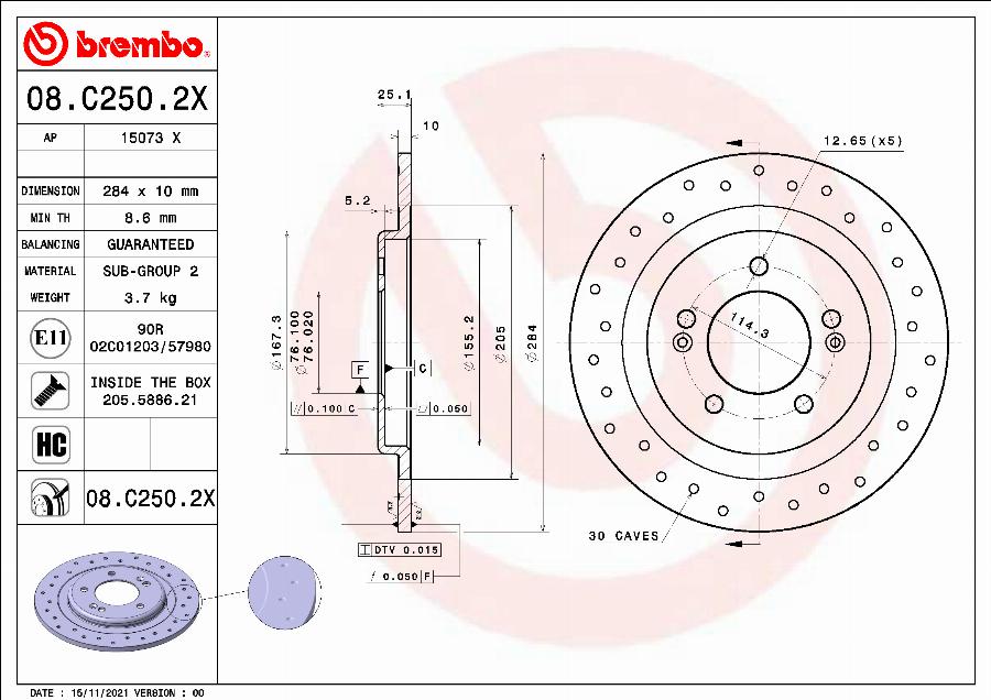 Brembo 08.C250.2X - Əyləc Diski furqanavto.az