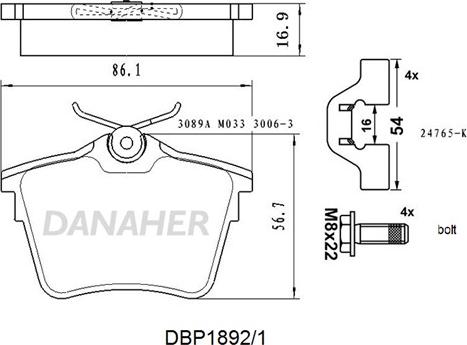 Danaher DBP1892/1 - Əyləc altlığı dəsti, əyləc diski furqanavto.az