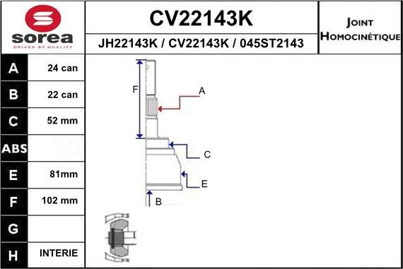 EAI CV22143K - Birləşmə dəsti, ötürücü val furqanavto.az
