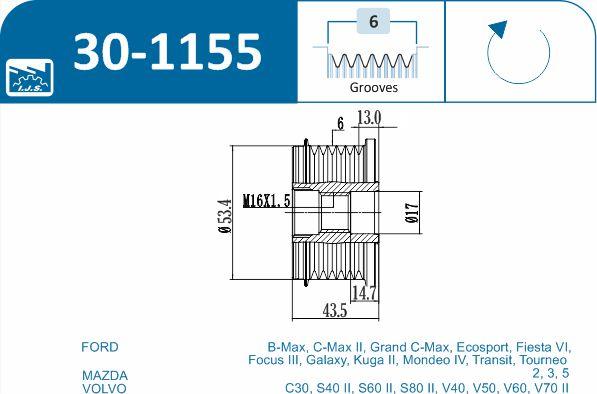 IJS GROUP 30-1155 - Kasnak, alternator, sərbəst dönərli mufta furqanavto.az