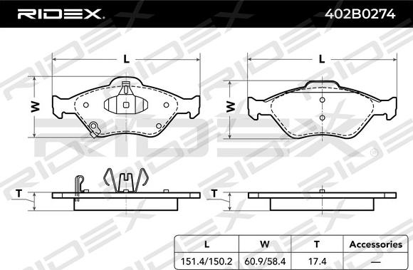 RIDEX 402B0274 - Əyləc altlığı dəsti, əyləc diski furqanavto.az