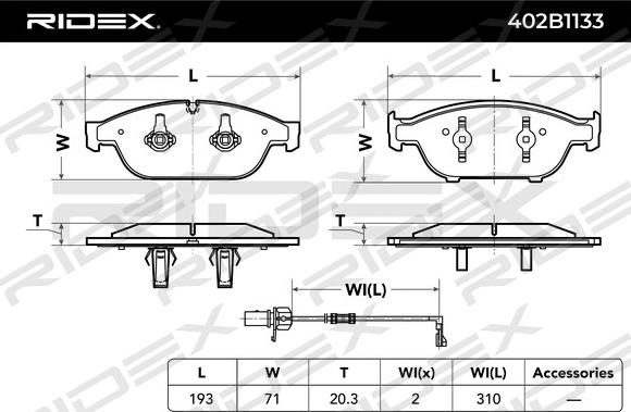 RIDEX 402B1133 - Əyləc altlığı dəsti, əyləc diski furqanavto.az