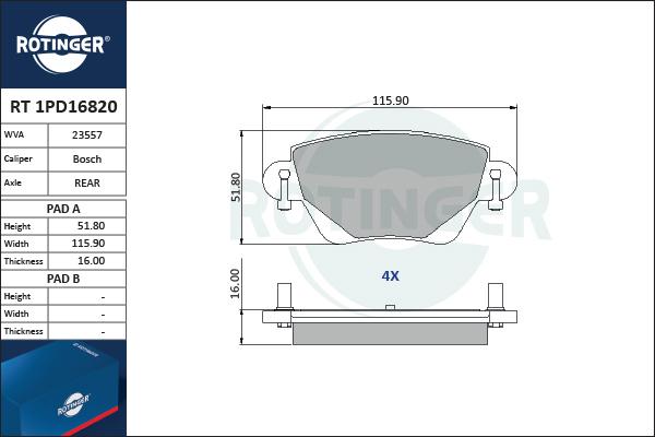 Rotinger RT 1PD16820 - Əyləc altlığı dəsti, əyləc diski furqanavto.az