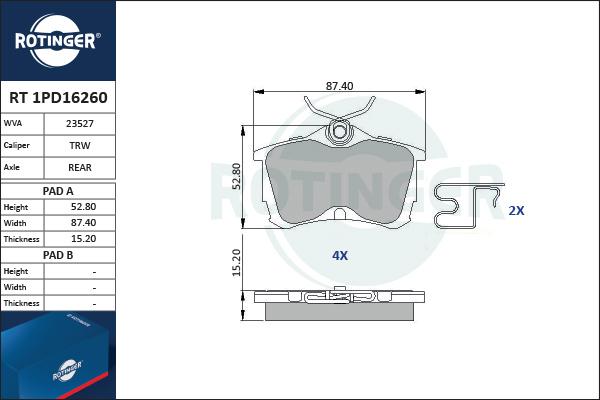 Rotinger RT 1PD16260 - Əyləc altlığı dəsti, əyləc diski furqanavto.az