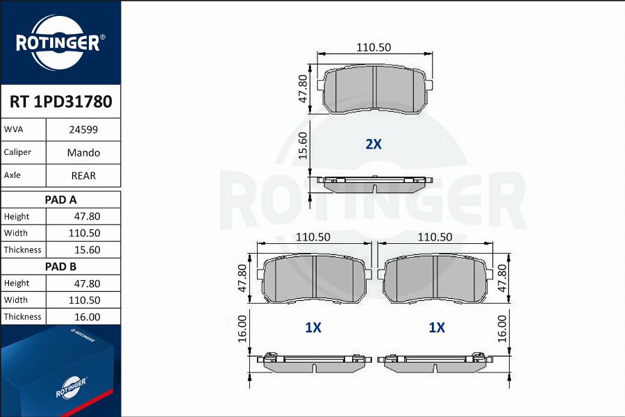 Rotinger RT 1PD31780 - Əyləc altlığı dəsti, əyləc diski furqanavto.az