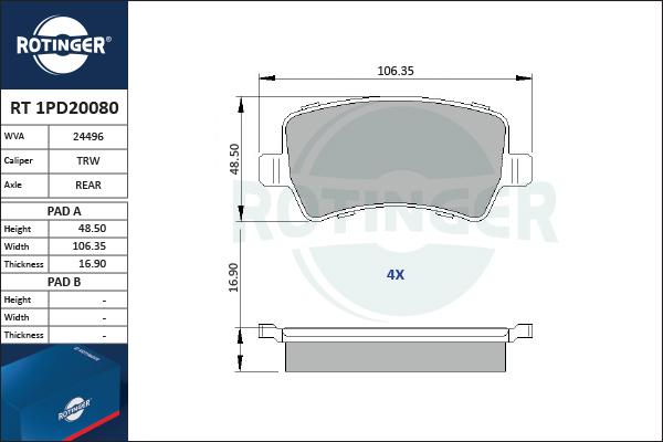 Rotinger RT 1PD20080 - Əyləc altlığı dəsti, əyləc diski furqanavto.az