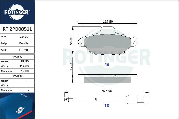 Rotinger RT 2PD08511 - Əyləc altlığı dəsti, əyləc diski furqanavto.az