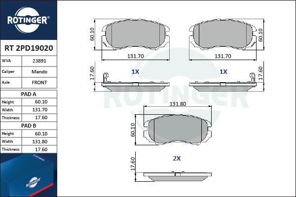 Rotinger RT 2PD19020 - Əyləc altlığı dəsti, əyləc diski furqanavto.az