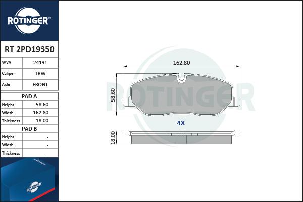 Rotinger RT 2PD19350 - Əyləc altlığı dəsti, əyləc diski furqanavto.az