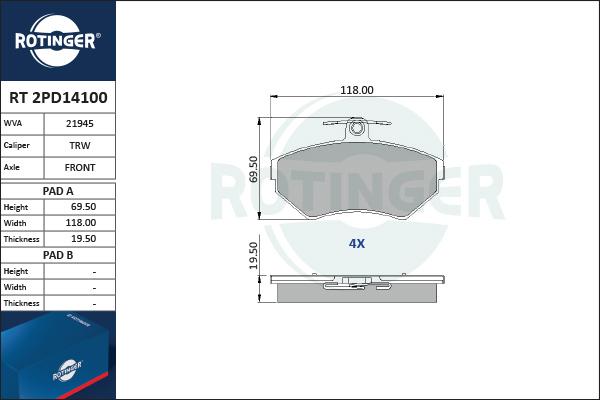 Rotinger RT 2PD14100 - Əyləc altlığı dəsti, əyləc diski furqanavto.az