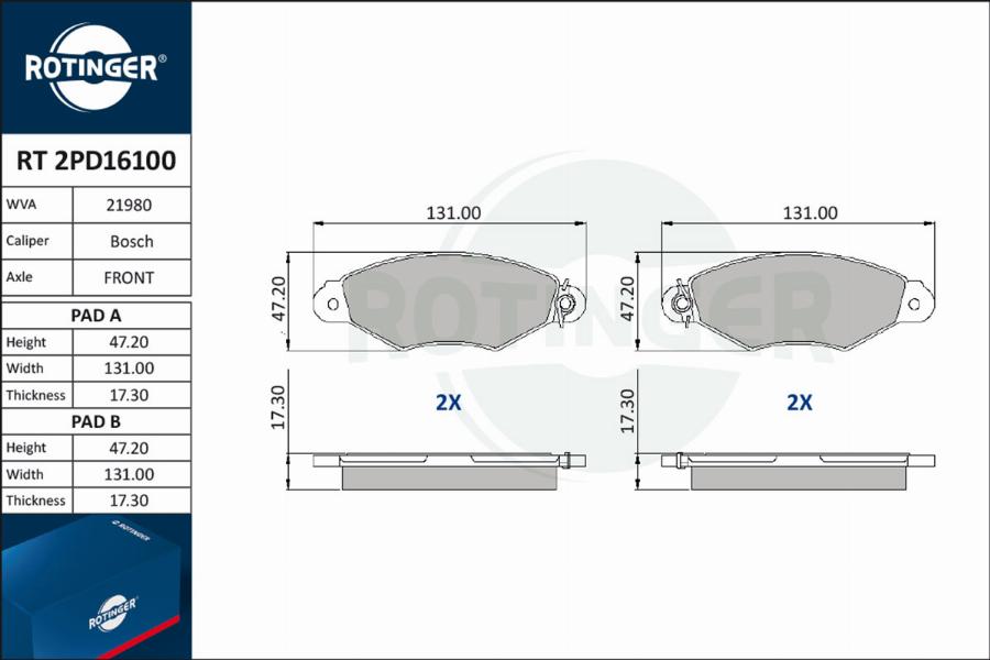 Rotinger RT 2PD16100 - Əyləc altlığı dəsti, əyləc diski furqanavto.az