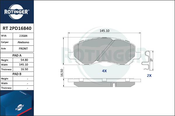 Rotinger RT 2PD16840 - Əyləc altlığı dəsti, əyləc diski furqanavto.az