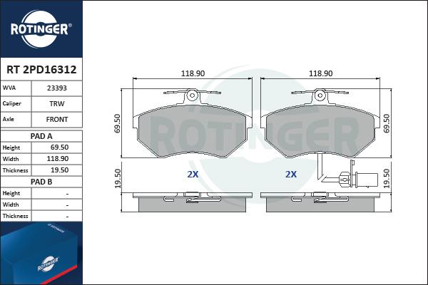 Rotinger RT 2PD16312 - Əyləc altlığı dəsti, əyləc diski furqanavto.az