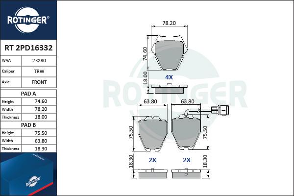 Rotinger RT 2PD16332 - Əyləc altlığı dəsti, əyləc diski furqanavto.az