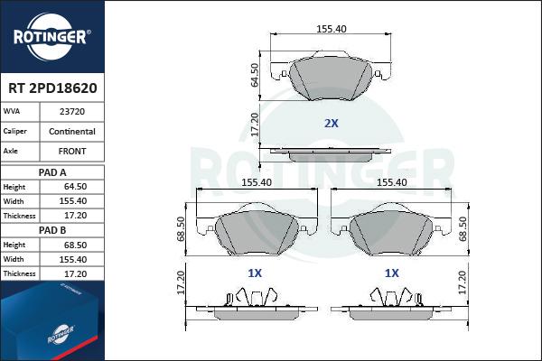 Rotinger RT 2PD18620 - Əyləc altlığı dəsti, əyləc diski furqanavto.az