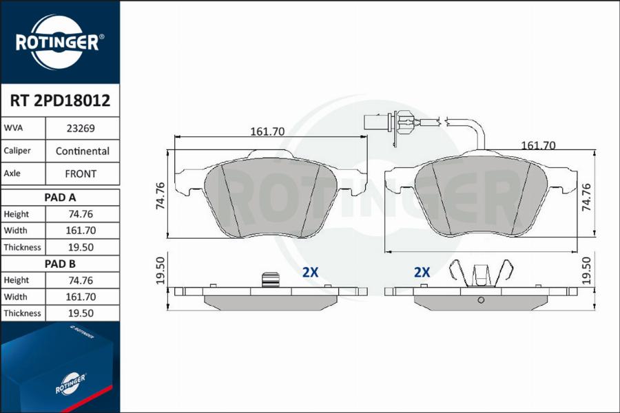 Rotinger RT 2PD18012 - Əyləc altlığı dəsti, əyləc diski furqanavto.az