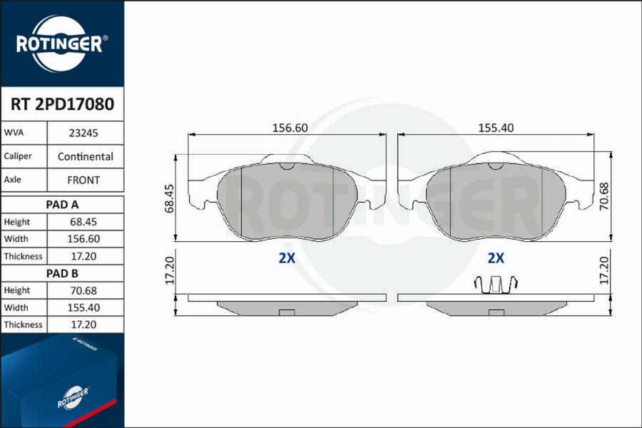 Rotinger RT 2PD17080 - Əyləc altlığı dəsti, əyləc diski furqanavto.az