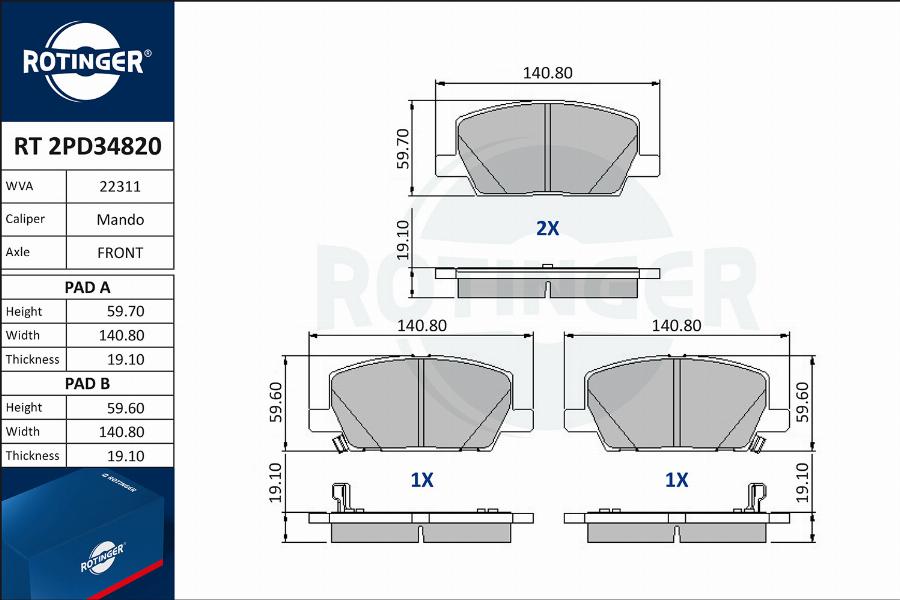 Rotinger RT 2PD34820 - Əyləc altlığı dəsti, əyləc diski furqanavto.az