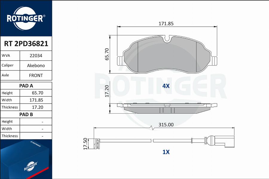 Rotinger RT 2PD36821 - Əyləc altlığı dəsti, əyləc diski furqanavto.az