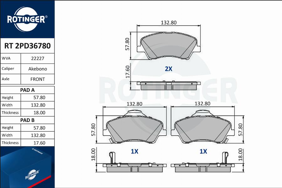 Rotinger RT 2PD36780 - Əyləc altlığı dəsti, əyləc diski furqanavto.az