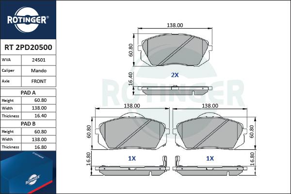 Rotinger RT 2PD20500 - Əyləc altlığı dəsti, əyləc diski furqanavto.az