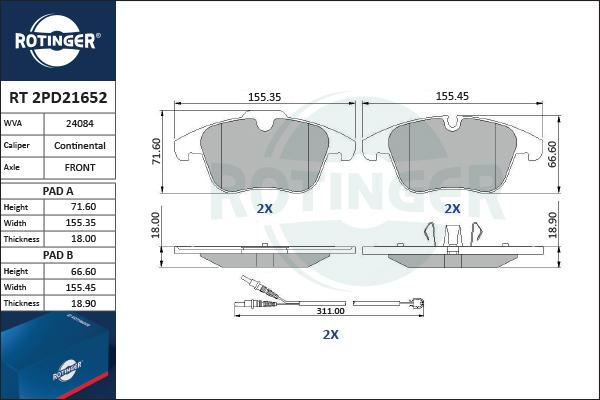 Rotinger RT 2PD21652 - Əyləc altlığı dəsti, əyləc diski furqanavto.az