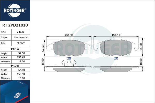 Rotinger RT 2PD21010 - Əyləc altlığı dəsti, əyləc diski furqanavto.az