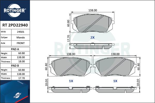 Rotinger RT 2PD22940 - Əyləc altlığı dəsti, əyləc diski furqanavto.az