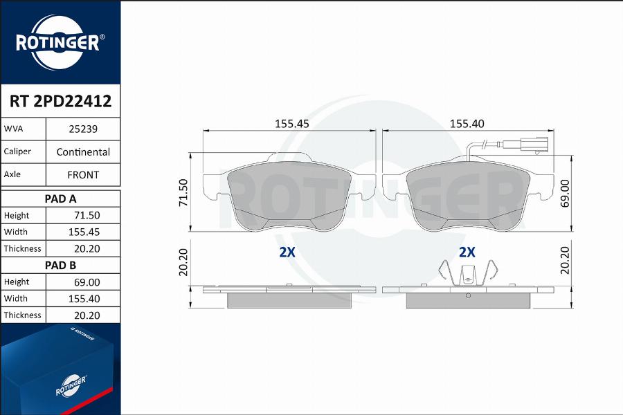 Rotinger RT 2PD22412 - Əyləc altlığı dəsti, əyləc diski furqanavto.az