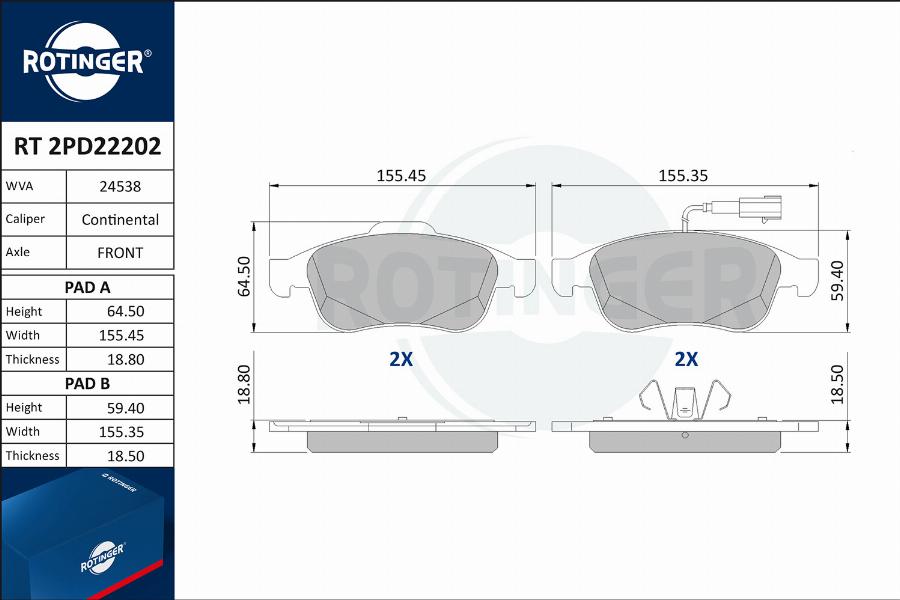 Rotinger RT 2PD22202 - Əyləc altlığı dəsti, əyləc diski furqanavto.az