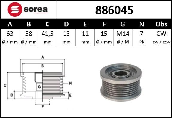 Sera 886045 - Kasnak, alternator, sərbəst dönərli mufta furqanavto.az