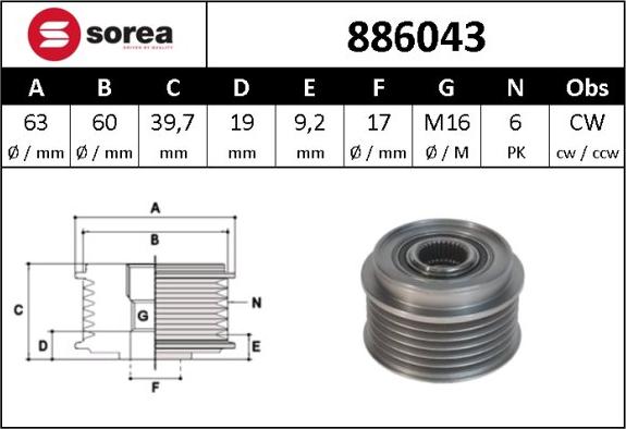 Sera 886043 - Kasnak, alternator, sərbəst dönərli mufta furqanavto.az