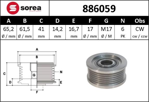 Sera 886059 - Kasnak, alternator, sərbəst dönərli mufta furqanavto.az