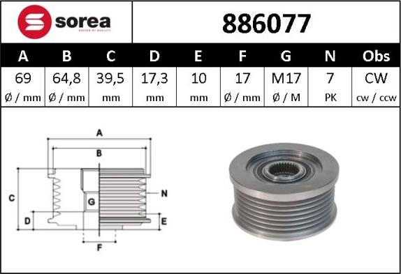 Sera 886077 - Kasnak, alternator, sərbəst dönərli mufta furqanavto.az