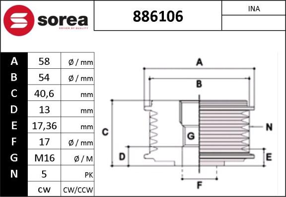 Sera 886106 - Kasnak, alternator, sərbəst dönərli mufta furqanavto.az