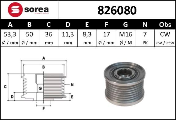 Sera 826080 - Kasnak, alternator, sərbəst dönərli mufta furqanavto.az