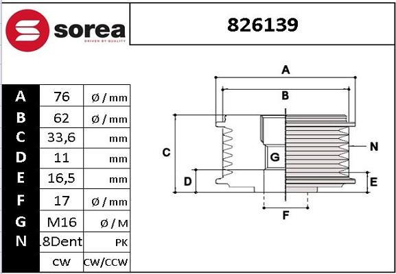 Sera 826139 - Kasnak, alternator, sərbəst dönərli mufta furqanavto.az