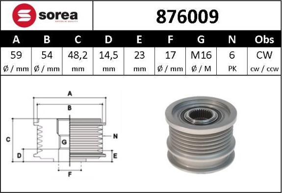 Sera 876009 - Kasnak, alternator, sərbəst dönərli mufta furqanavto.az