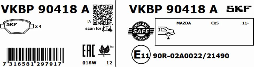 SKF VKBP 90418 A - Əyləc altlığı dəsti, əyləc diski furqanavto.az