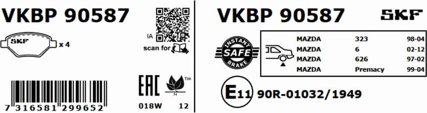 SKF VKBP 90587 - Əyləc altlığı dəsti, əyləc diski furqanavto.az