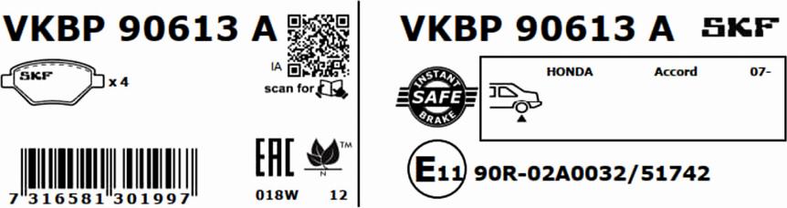 SKF VKBP 90613 A - Əyləc altlığı dəsti, əyləc diski furqanavto.az