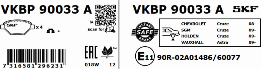 SKF VKBP 90033 A - Əyləc altlığı dəsti, əyləc diski furqanavto.az