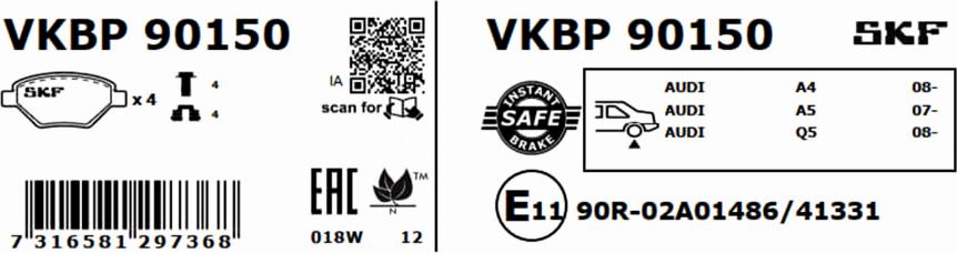 SKF VKBP 90150 - Əyləc altlığı dəsti, əyləc diski furqanavto.az