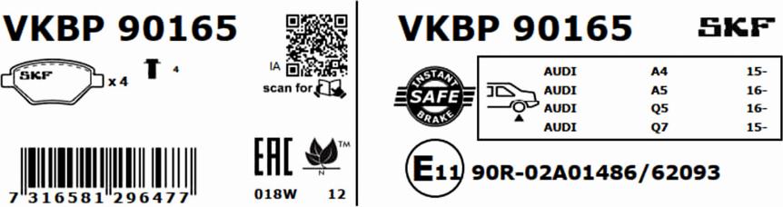 SKF VKBP 90165 - Əyləc altlığı dəsti, əyləc diski furqanavto.az