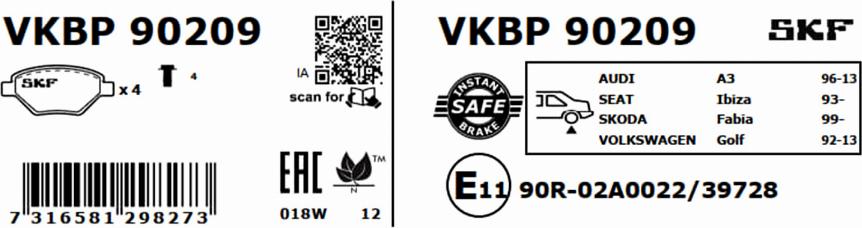 SKF VKBP 90209 - Əyləc altlığı dəsti, əyləc diski furqanavto.az