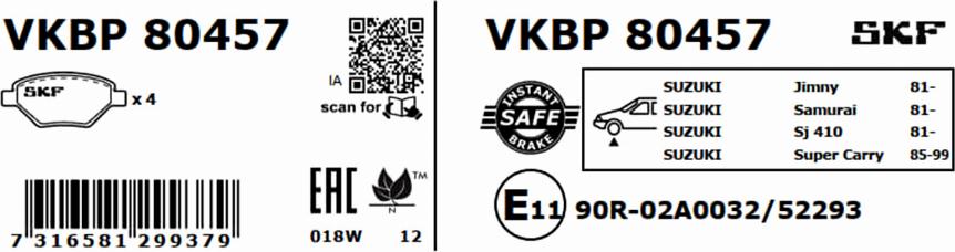 SKF VKBP 80457 - Əyləc altlığı dəsti, əyləc diski furqanavto.az